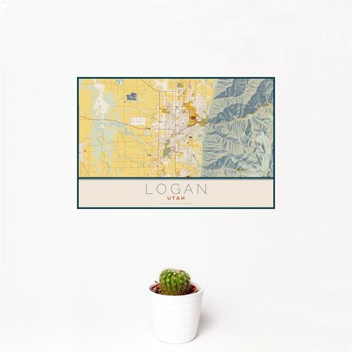12x18 Logan Utah Map Print Landscape Orientation in Woodblock Style With Small Cactus Plant in White Planter