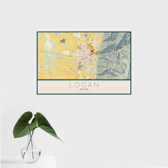 16x24 Logan Utah Map Print Landscape Orientation in Woodblock Style With Tropical Plant Leaves in Water