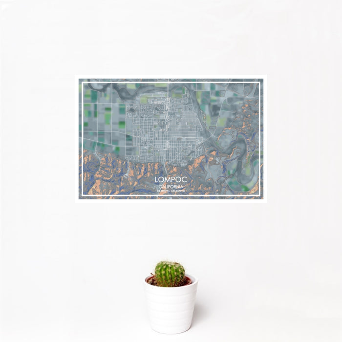 12x18 Lompoc California Map Print Landscape Orientation in Afternoon Style With Small Cactus Plant in White Planter