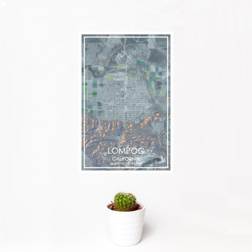 12x18 Lompoc California Map Print Portrait Orientation in Afternoon Style With Small Cactus Plant in White Planter