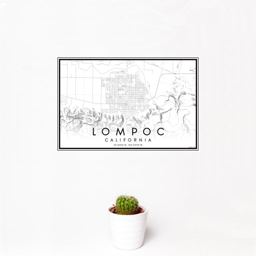 12x18 Lompoc California Map Print Landscape Orientation in Classic Style With Small Cactus Plant in White Planter