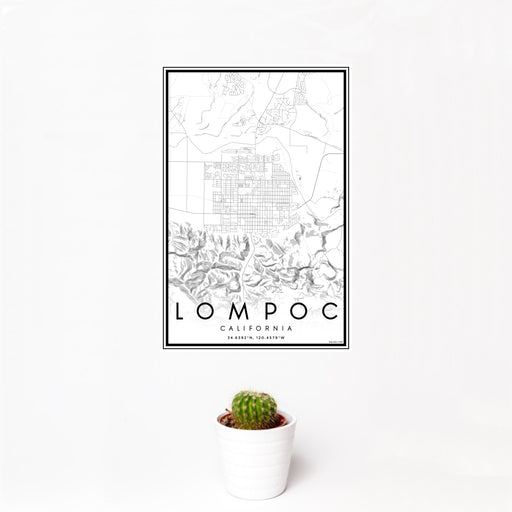 12x18 Lompoc California Map Print Portrait Orientation in Classic Style With Small Cactus Plant in White Planter