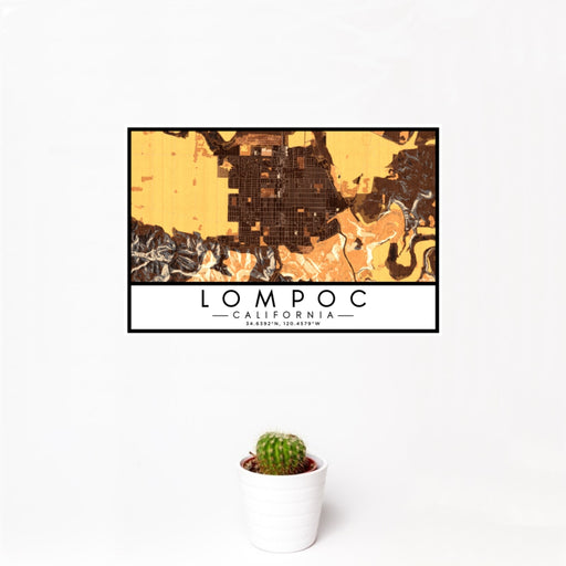 12x18 Lompoc California Map Print Landscape Orientation in Ember Style With Small Cactus Plant in White Planter