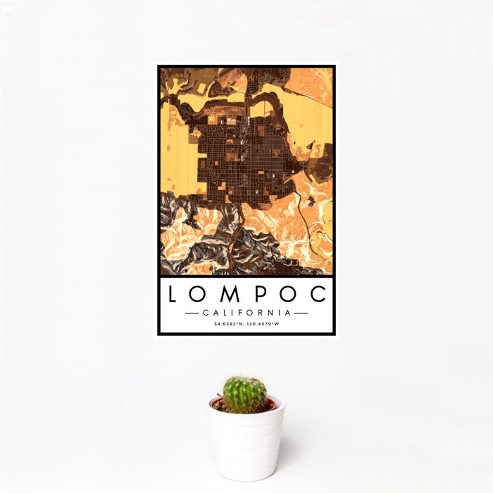 12x18 Lompoc California Map Print Portrait Orientation in Ember Style With Small Cactus Plant in White Planter