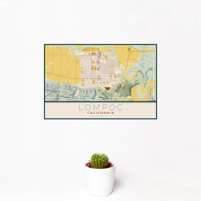 12x18 Lompoc California Map Print Landscape Orientation in Woodblock Style With Small Cactus Plant in White Planter