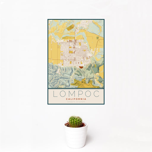 12x18 Lompoc California Map Print Portrait Orientation in Woodblock Style With Small Cactus Plant in White Planter