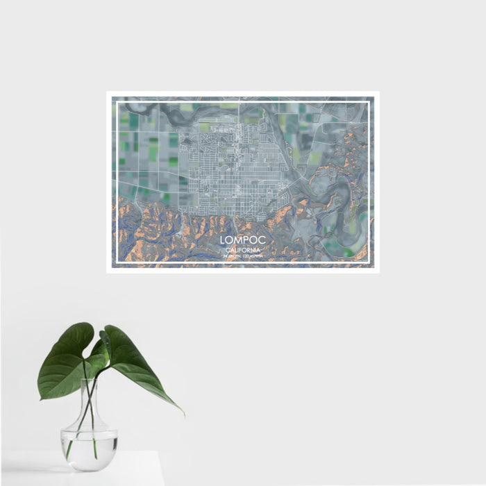 16x24 Lompoc California Map Print Landscape Orientation in Afternoon Style With Tropical Plant Leaves in Water