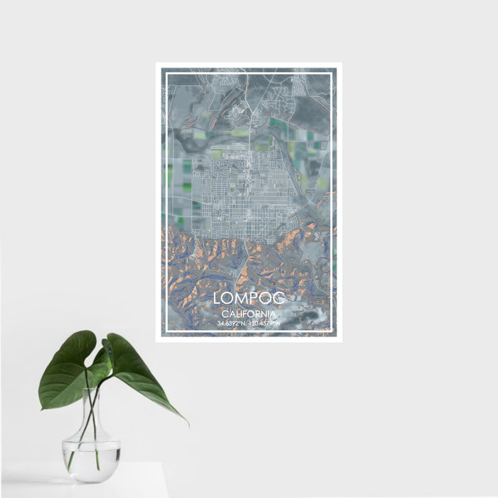 16x24 Lompoc California Map Print Portrait Orientation in Afternoon Style With Tropical Plant Leaves in Water