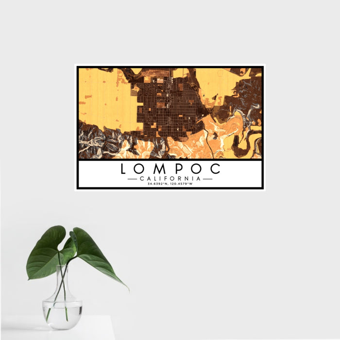 16x24 Lompoc California Map Print Landscape Orientation in Ember Style With Tropical Plant Leaves in Water