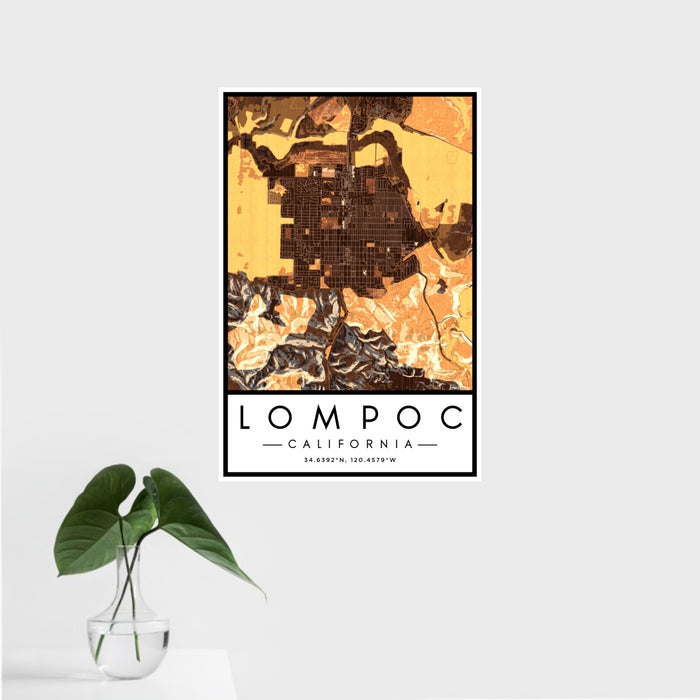 16x24 Lompoc California Map Print Portrait Orientation in Ember Style With Tropical Plant Leaves in Water