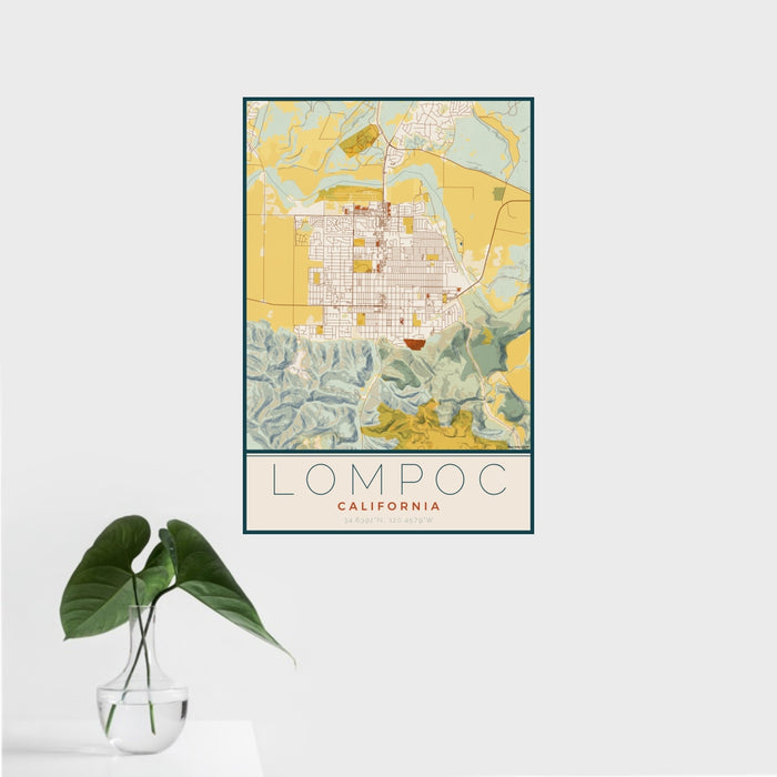 16x24 Lompoc California Map Print Portrait Orientation in Woodblock Style With Tropical Plant Leaves in Water