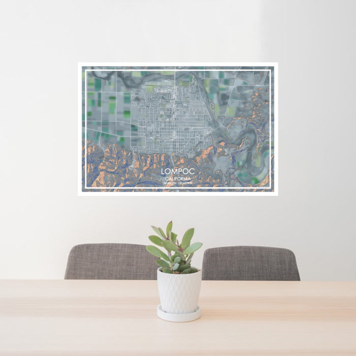 24x36 Lompoc California Map Print Lanscape Orientation in Afternoon Style Behind 2 Chairs Table and Potted Plant