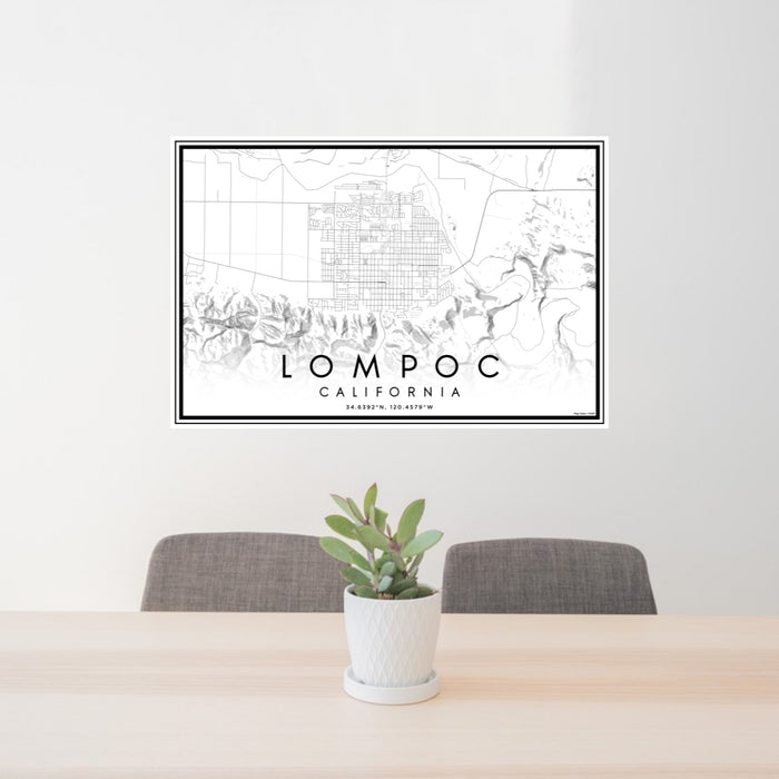 24x36 Lompoc California Map Print Lanscape Orientation in Classic Style Behind 2 Chairs Table and Potted Plant