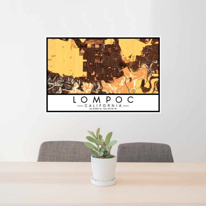24x36 Lompoc California Map Print Lanscape Orientation in Ember Style Behind 2 Chairs Table and Potted Plant