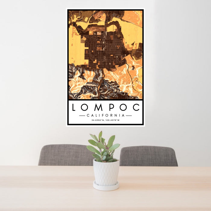 24x36 Lompoc California Map Print Portrait Orientation in Ember Style Behind 2 Chairs Table and Potted Plant