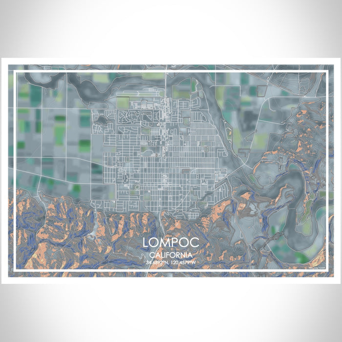 Lompoc California Map Print Landscape Orientation in Afternoon Style With Shaded Background