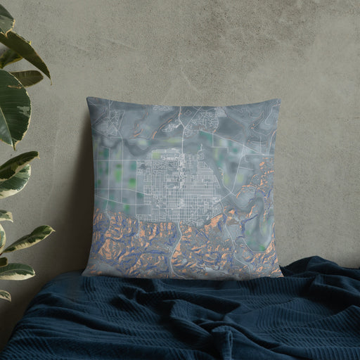 Custom Lompoc California Map Throw Pillow in Afternoon on Bedding Against Wall
