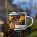 Right View Custom Lompoc California Map Enamel Mug in Ember on Grass With Trees in Background