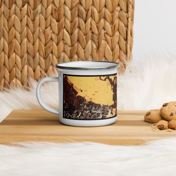 Left View Custom Lompoc California Map Enamel Mug in Ember on Table Top