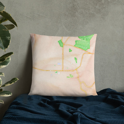 Custom Lompoc California Map Throw Pillow in Watercolor on Bedding Against Wall