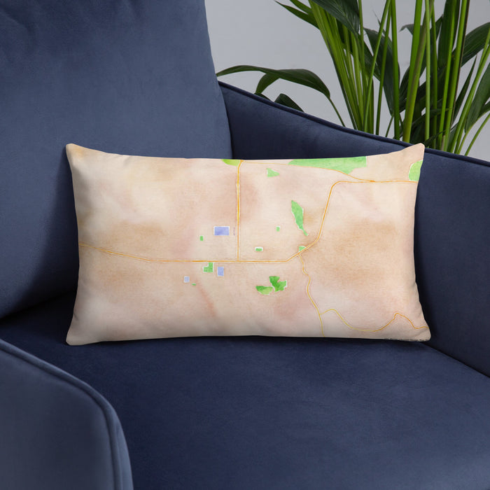 Custom Lompoc California Map Throw Pillow in Watercolor on Blue Colored Chair