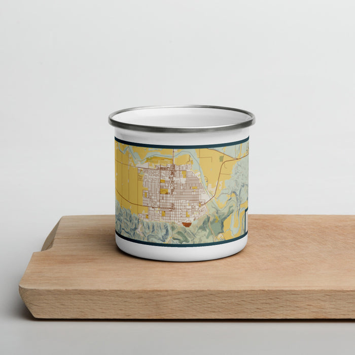 Front View Custom Lompoc California Map Enamel Mug in Woodblock on Cutting Board