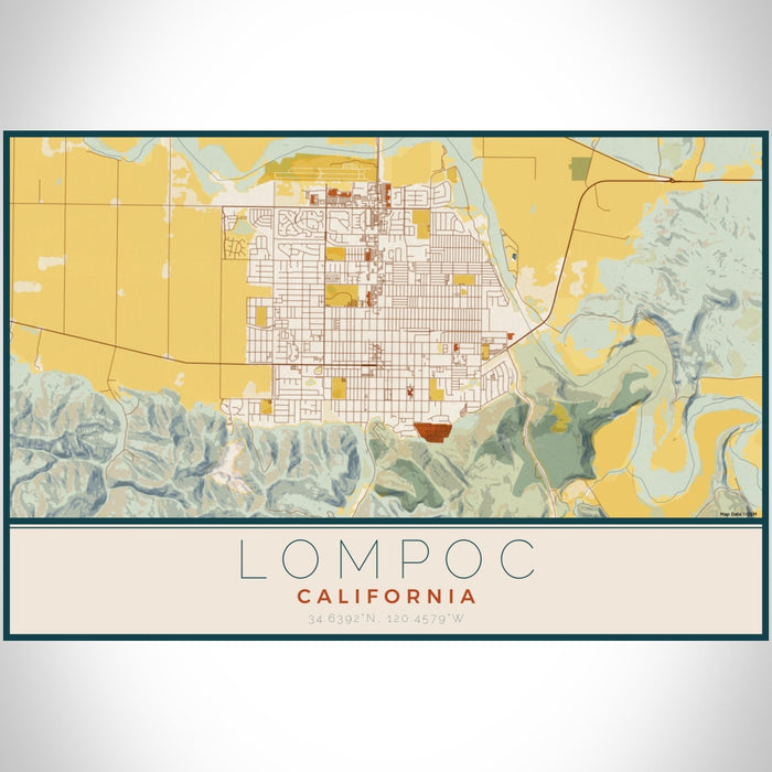 Lompoc California Map Print Landscape Orientation in Woodblock Style With Shaded Background