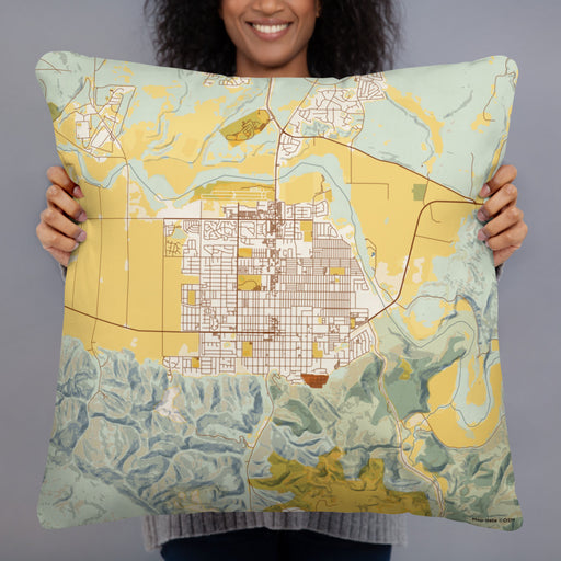 Person holding 22x22 Custom Lompoc California Map Throw Pillow in Woodblock