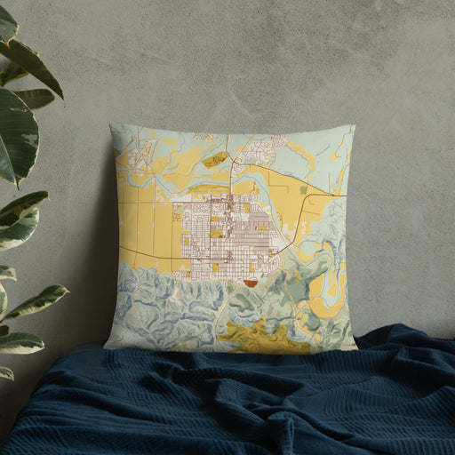 Custom Lompoc California Map Throw Pillow in Woodblock on Bedding Against Wall