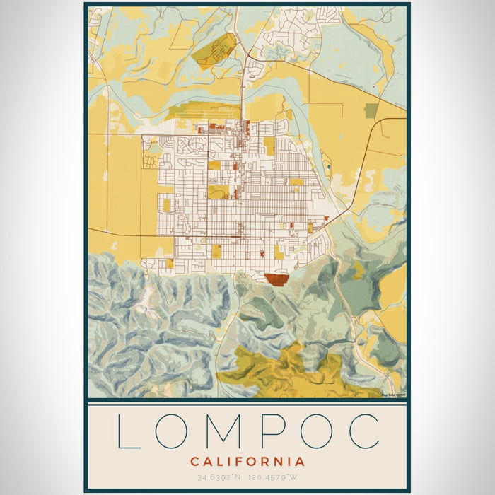 Lompoc California Map Print Portrait Orientation in Woodblock Style With Shaded Background