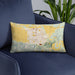 Custom Lompoc California Map Throw Pillow in Woodblock on Blue Colored Chair