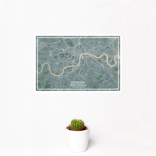 12x18 London United Kingdom Map Print Landscape Orientation in Afternoon Style With Small Cactus Plant in White Planter
