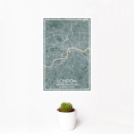12x18 London United Kingdom Map Print Portrait Orientation in Afternoon Style With Small Cactus Plant in White Planter