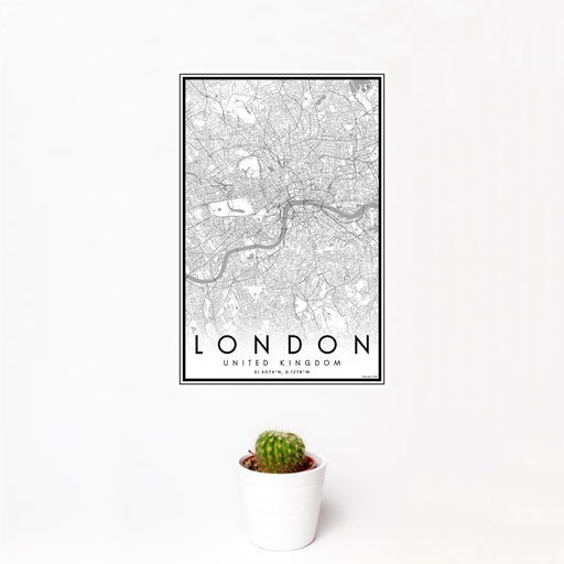 12x18 London United Kingdom Map Print Portrait Orientation in Classic Style With Small Cactus Plant in White Planter
