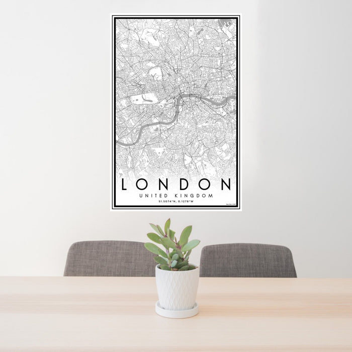 24x36 London United Kingdom Map Print Portrait Orientation in Classic Style Behind 2 Chairs Table and Potted Plant