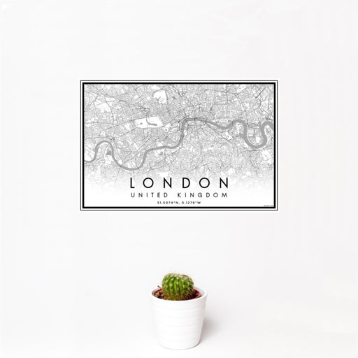 12x18 London United Kingdom Map Print Landscape Orientation in Classic Style With Small Cactus Plant in White Planter