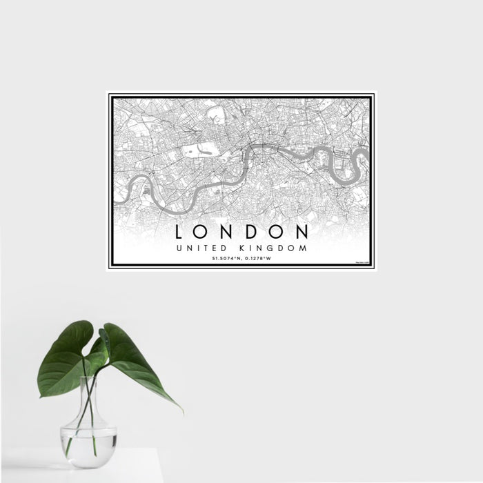 16x24 London United Kingdom Map Print Landscape Orientation in Classic Style With Tropical Plant Leaves in Water