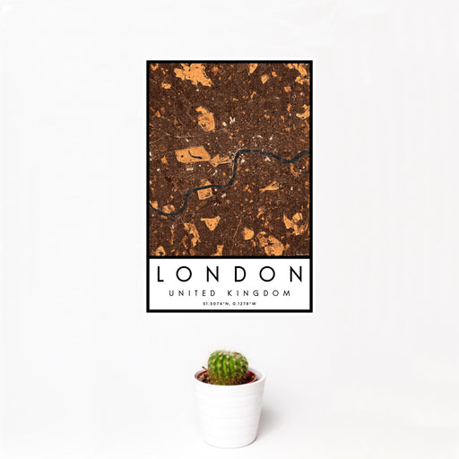 12x18 London United Kingdom Map Print Portrait Orientation in Ember Style With Small Cactus Plant in White Planter