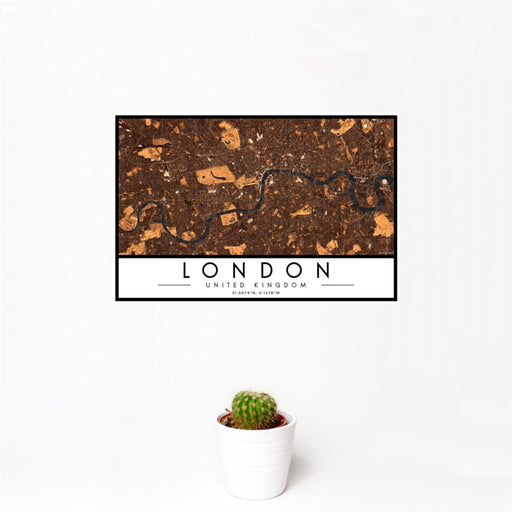 12x18 London United Kingdom Map Print Landscape Orientation in Ember Style With Small Cactus Plant in White Planter