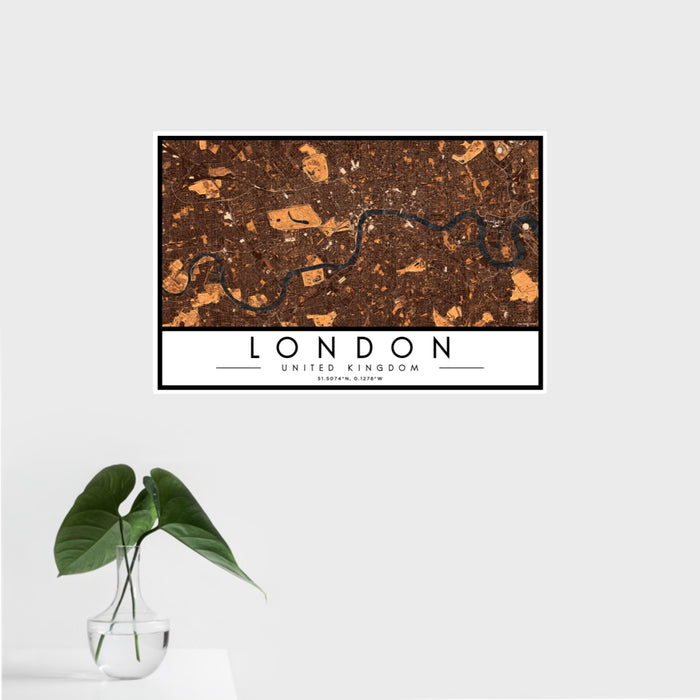 16x24 London United Kingdom Map Print Landscape Orientation in Ember Style With Tropical Plant Leaves in Water