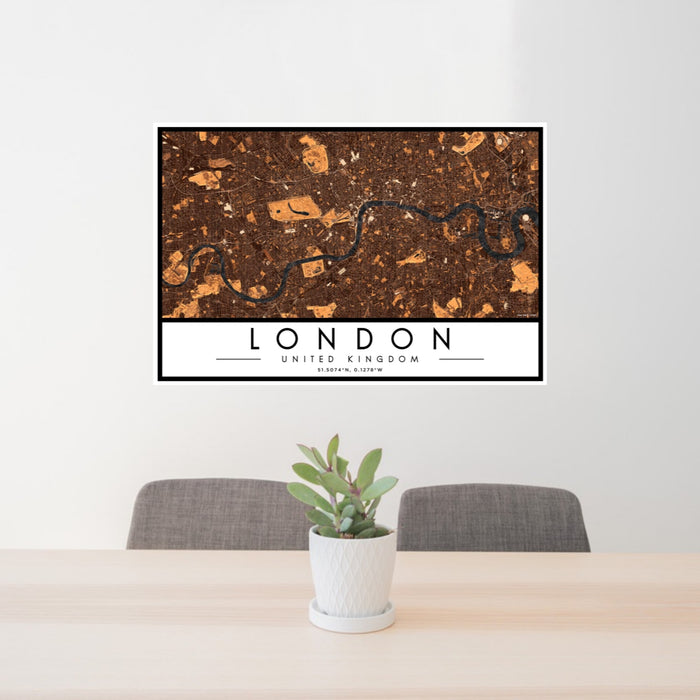 24x36 London United Kingdom Map Print Landscape Orientation in Ember Style Behind 2 Chairs Table and Potted Plant