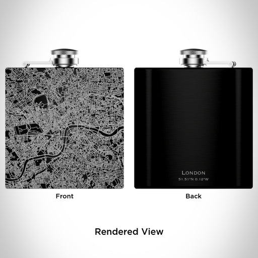 Rendered View of London United Kingdom Map Engraving on 6oz Stainless Steel Flask in Black