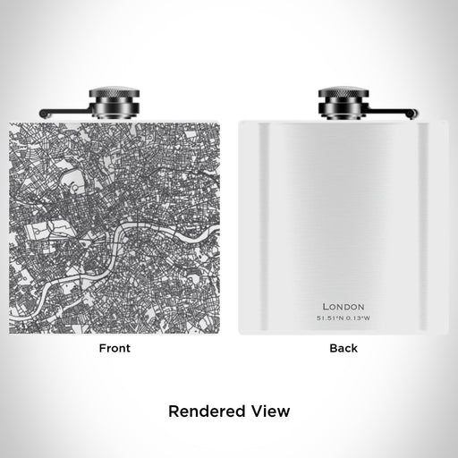Rendered View of London United Kingdom Map Engraving on 6oz Stainless Steel Flask in White
