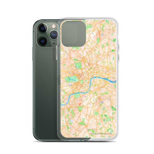 Custom London United Kingdom Map Phone Case in Watercolor on Table with Laptop and Plant