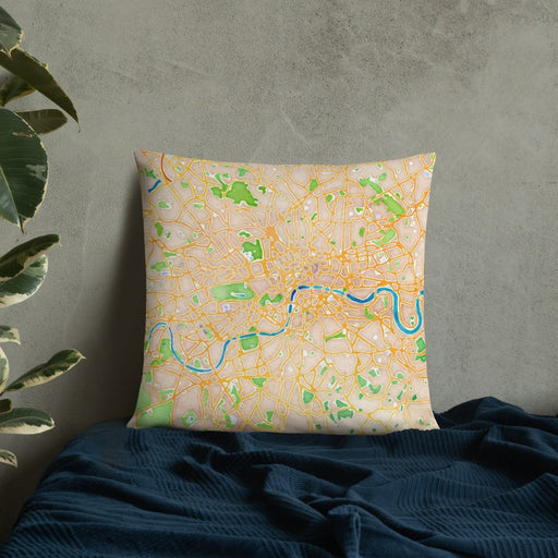 Custom London United Kingdom Map Throw Pillow in Watercolor on Bedding Against Wall