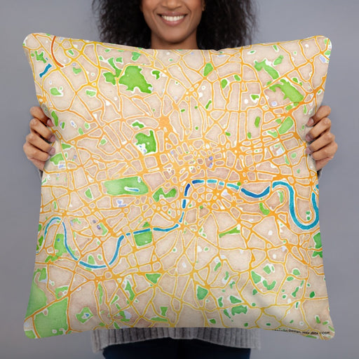 Person holding 22x22 Custom London United Kingdom Map Throw Pillow in Watercolor