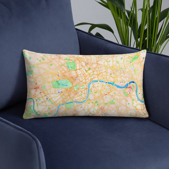 Custom London United Kingdom Map Throw Pillow in Watercolor on Blue Colored Chair
