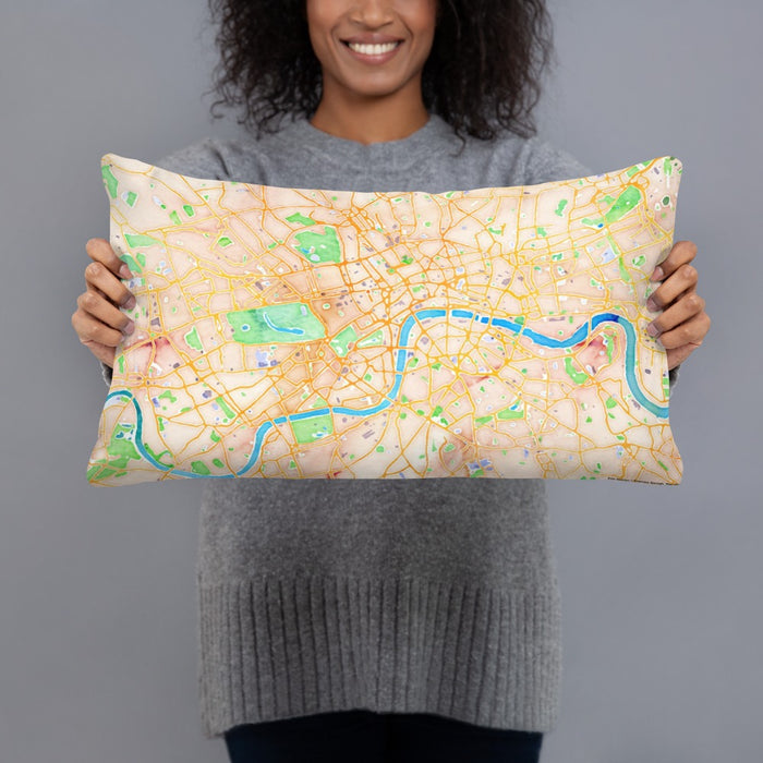 Person holding 20x12 Custom London United Kingdom Map Throw Pillow in Watercolor