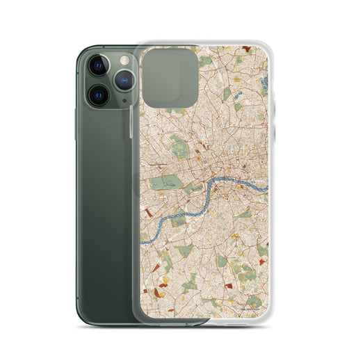 Custom London United Kingdom Map Phone Case in Woodblock on Table with Laptop and Plant