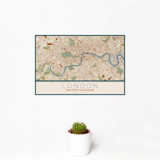 12x18 London United Kingdom Map Print Landscape Orientation in Woodblock Style With Small Cactus Plant in White Planter